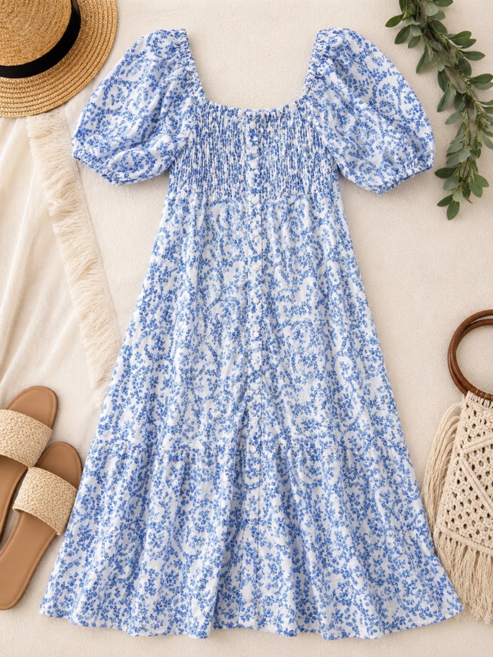 Olivaceous Blue White Toile Floral Smocked Puff Sleeve Cottage Maxi Dress S